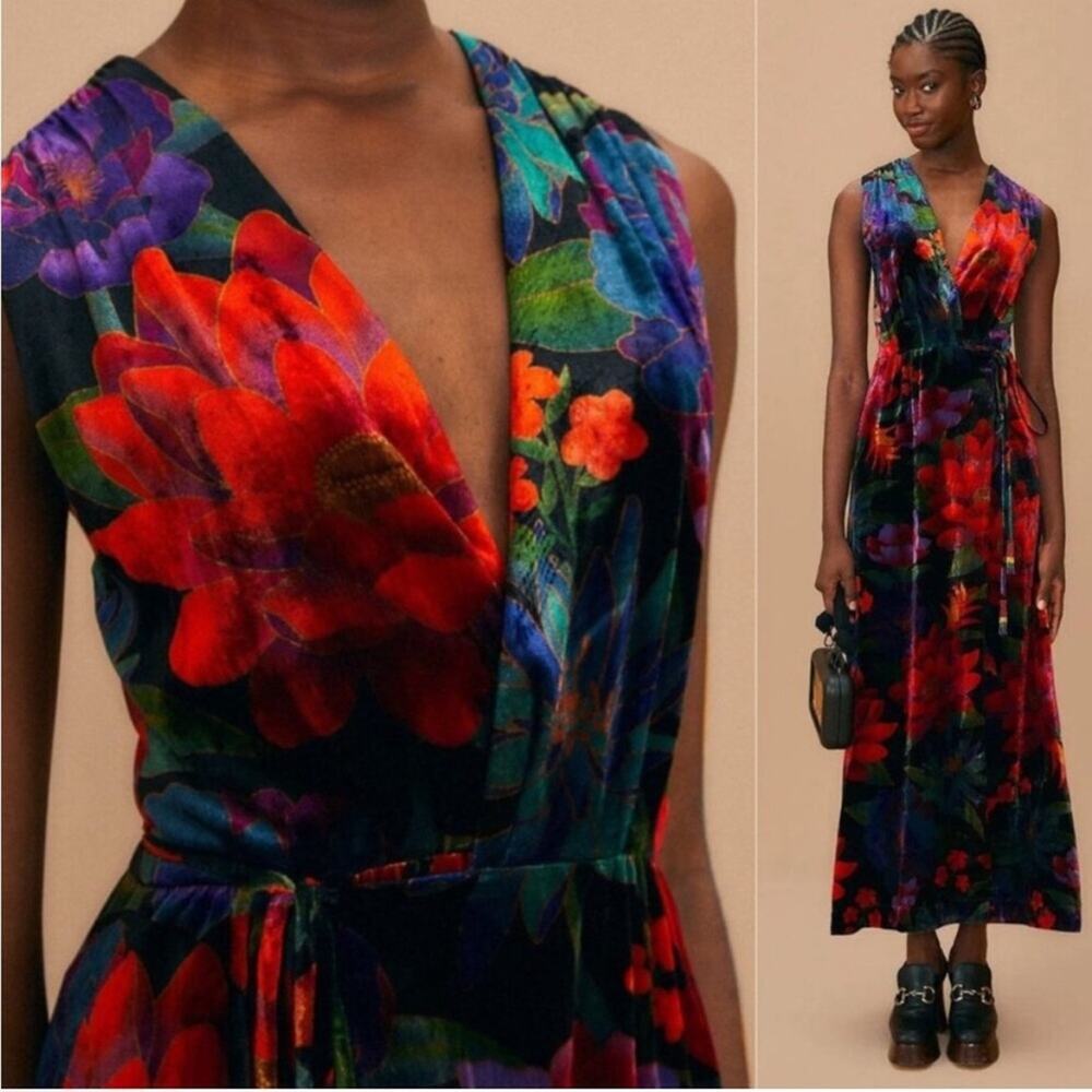 Farm Rio Velvet Black Multi Beaded Fringe Belt Flower Season Maxi Wrap Dress XS - Picture 4 of 9